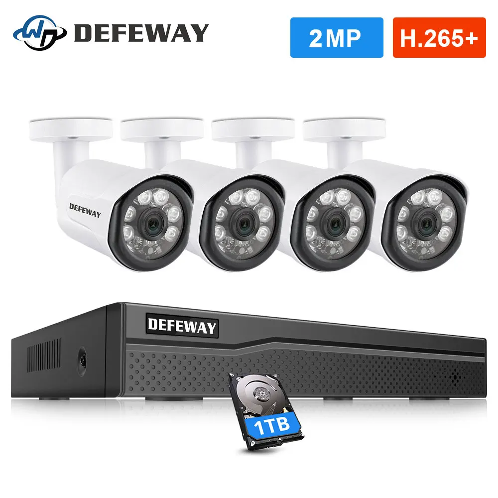 DEFEWAY 4CH 2MP NVR Kit POE CCTV System IR Night Vision HD Outdoor Security IP Camera P2P Video Surveillance Set 1TB HDD
