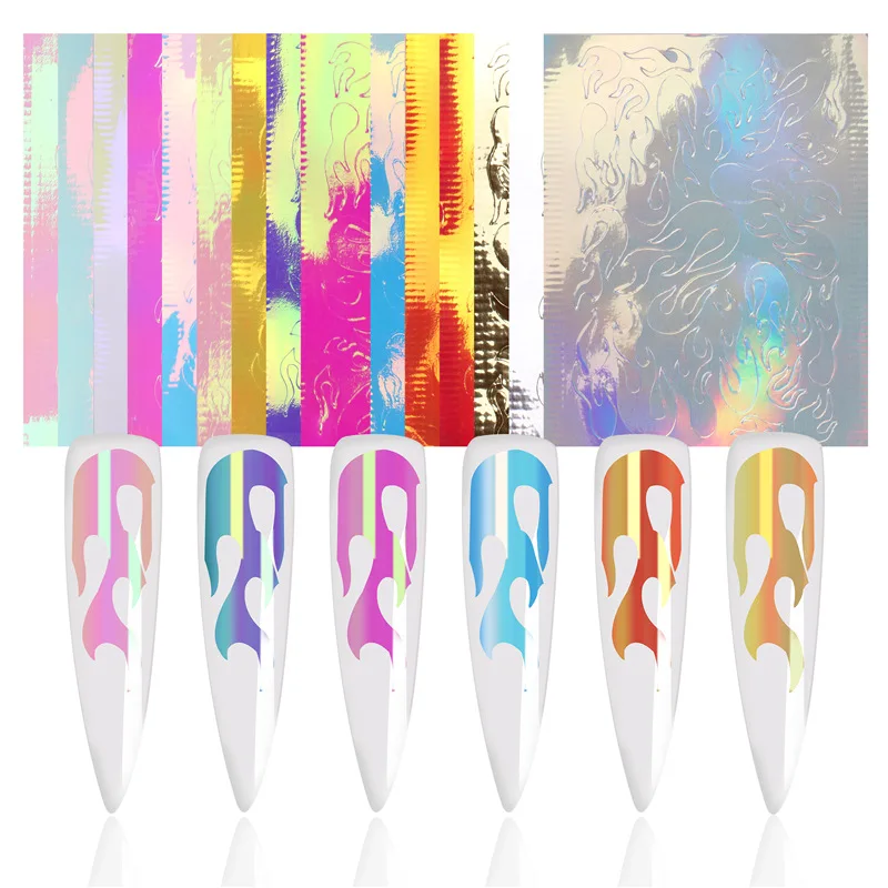 

16 PCS Holographic Fire Flame Nail Vinyls Stencil Hollow Stickers Fires On Manicure Stencil Stickers Nail Art Decoration
