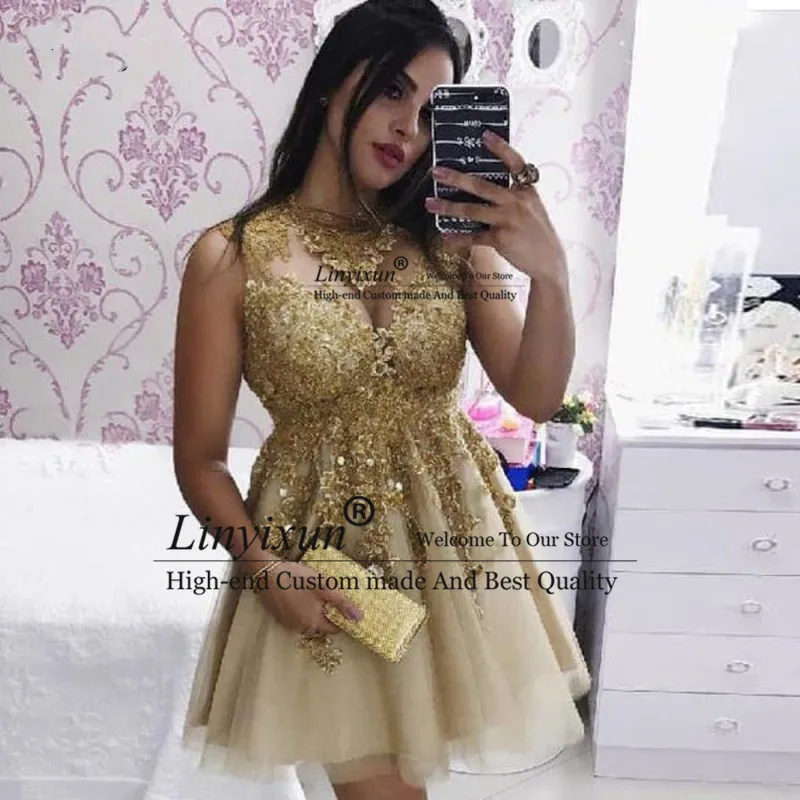 as pic Sexy Gold Lace Mini Cocktail Dresses Illusion Beaded Graduation Party Dresses A-line Short Prom Gown Robe De Cocktail Open Back - Цвет: as pic