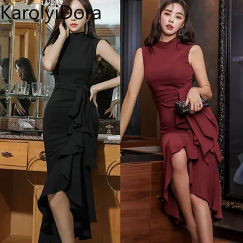 

2020 spring and summer new Korean version of the ladies temperament Slim mid-length lace belt bag hip lotus leaf dress