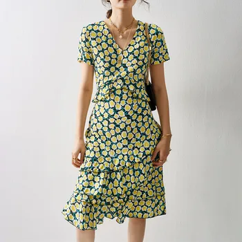 

Floral Print Dress Women Irregular Ruffles V-neck Zipper Short Sleeve Holiday Style Summer Midi Dresses