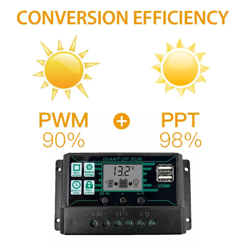 New MPPT/PWM Solar Charge Controller 12V/24V Solar Panel Battery Regulator 2 USB Port LCD Display 10A 20A 30A 40A 50A 60A 100A