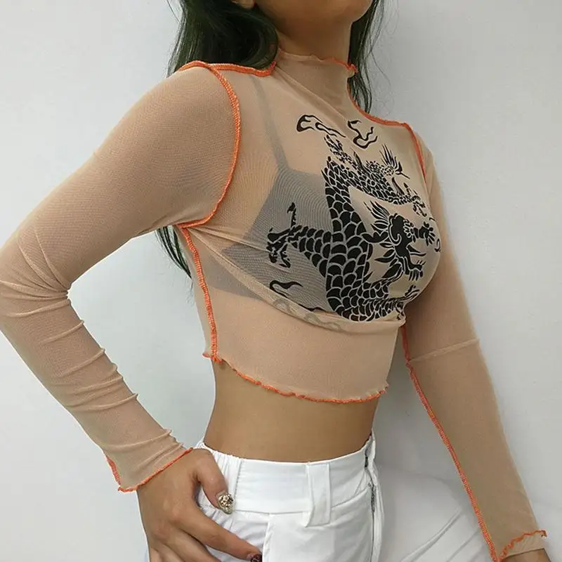 Летняя Сексуальная водолазка с принтом дракона сетчатая рубашка длинными