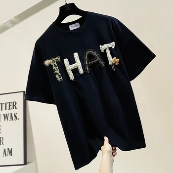 

Women Tshirt Industrial Beads Stereo Lettered Cool Short Sleeve Mid-length T-shirt Fashion Loose-Fit Ladies Tops Tee T Shirts