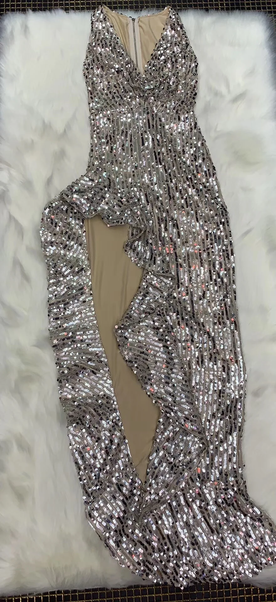 Women Summer Sexy V Neck Sleeveless Ruffles Sequins Mesh Sliver Long Bandage Dress Vestidos Female Bodycon Designer Dress