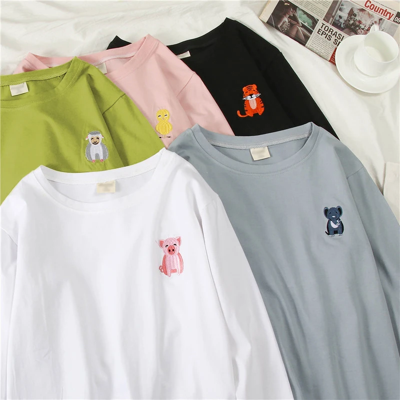 Harajuku забавная футболка с вышивкой из мультфильма Осенняя Повседневная Свободная