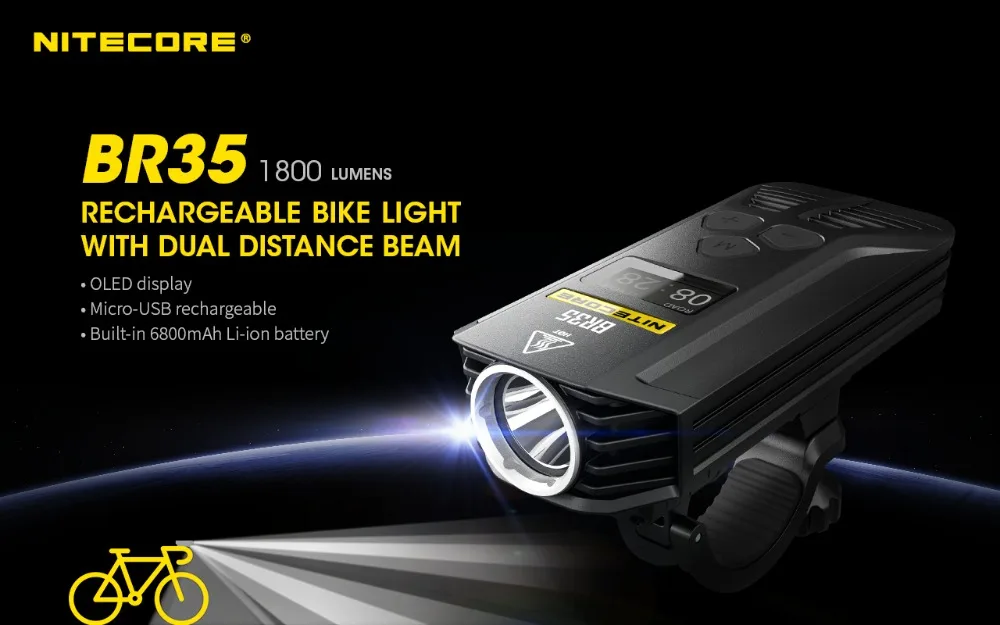 NITECORE BR35 велосипедный светильник с двойным пучком OLED перезаряжаемый велосипедный светильник 2* CREE XM-L2 U2 1800лм со встроенным аккумулятором 6800 мАч