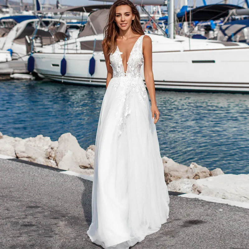 Vestido de Novia 2019 сексуальное кружевное платье невесты с v-образным вырезом и аппликацией на заказ пляжные белые Элегантные Простые Свадебные