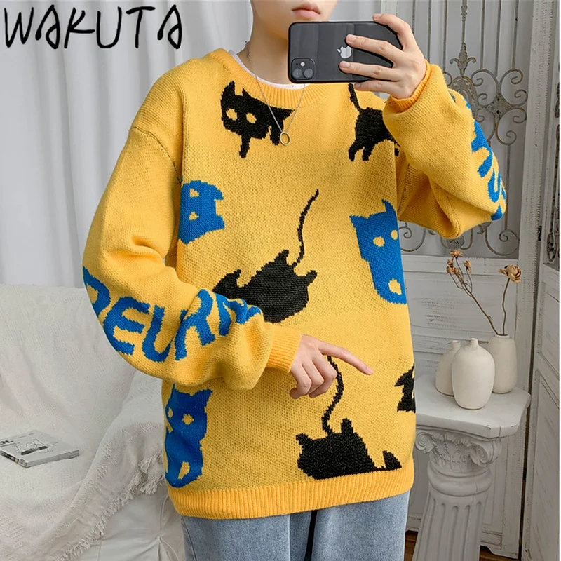 WAKUTA Japanese Vintage Cats Sweaters Harajuku Fashion Oversized Long Sleeve Yellow Black O Neck Pullover Chic Knit Cartoon Tops | Женская
