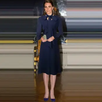 

New Women Solid Long Sleeve Dress Elegant V-Neck Pleated Work Dresses With Belt A1120