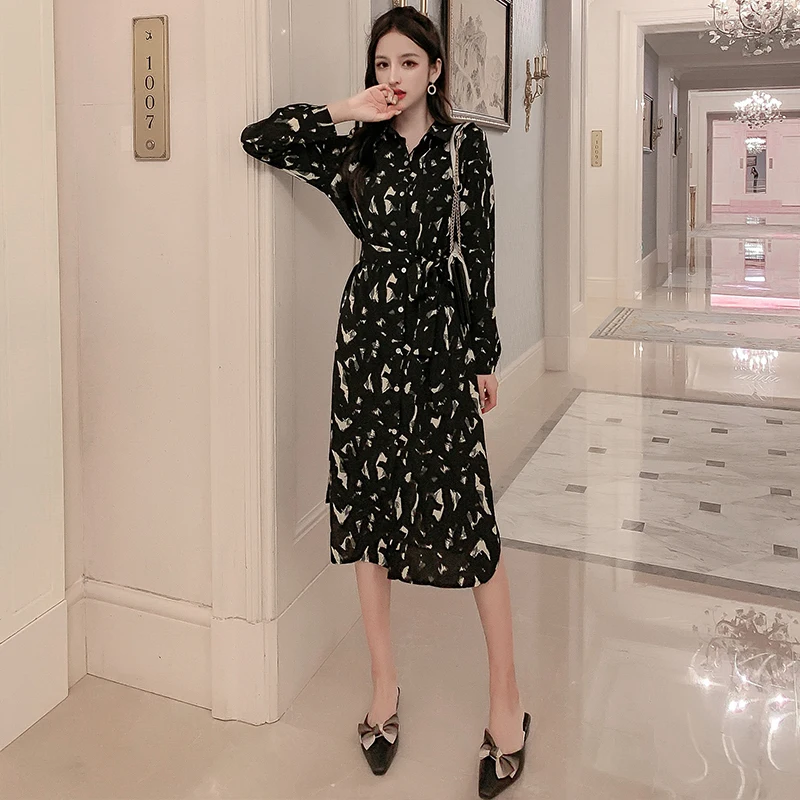 

Autumn Chiffon Women Dress Elegant Ladies Vintage Long Dress Boho Floral Office Long Sleeve Vestidos Clothing