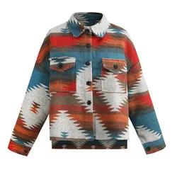 Women's Vintage Style Aztec Print Shirt Shacket Long Sleeve Lapel Button Down Trucker Jacket Cardigan Tops