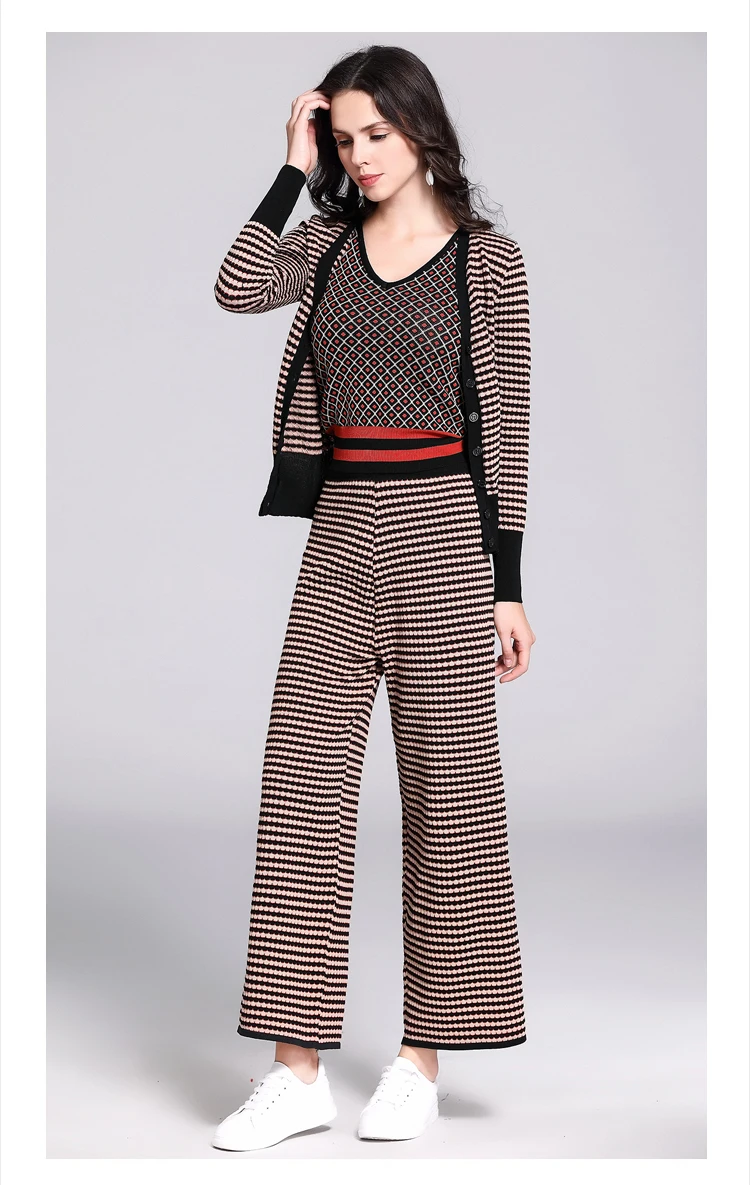 Вязаные костюмы из 3 предметов с брюками женские осенне-зимние Полосатые Кардиган и жилет укороченный топ и длинные штаны с высокой талией Рабочий комплект