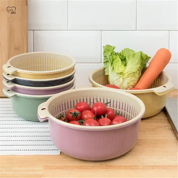 

Household Double-drain Basket Kitchen Accessories Organization Plastic Hollow Multifunctional Rice Storage Washing Fruit Basket