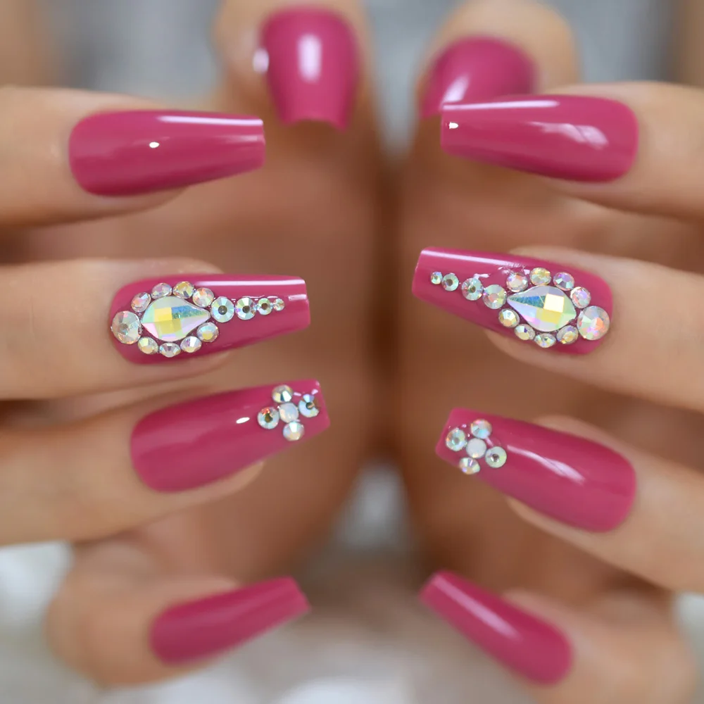 3D Bling Glitter Rhinestones Deco Rose Pink Coffin False Fake Nails Long  Press on Party Finger Wear Nail Tips 24pc/set|False Nails| - AliExpress