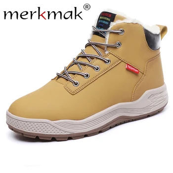 

Merkmak Leather Men Boots High Quality Super Warm Short Plush Snow Boots Men Motorcycle Non Slip Working Boots Plus Size 39~48
