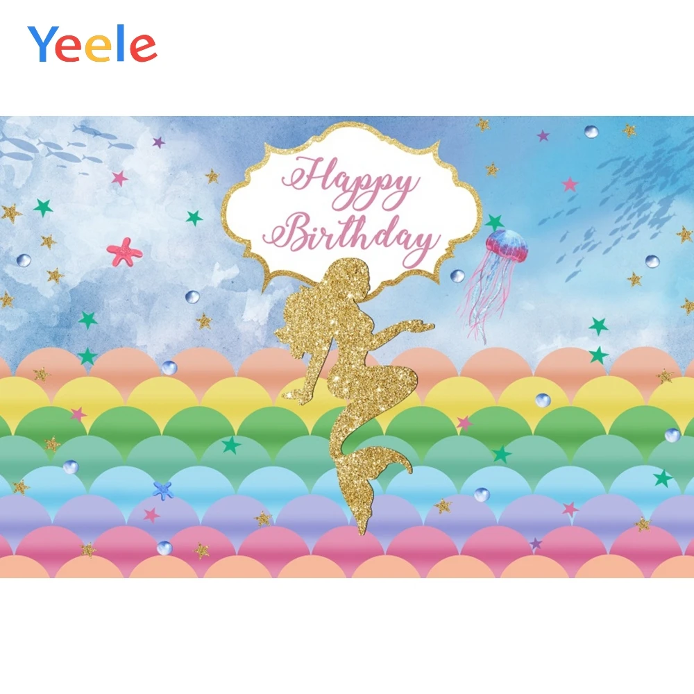 

Yeele Little Mermaid Backdrops Happy Birthday Party Gold Fish Scales Poster Photography Backgrounds Photophone For Photo Studio