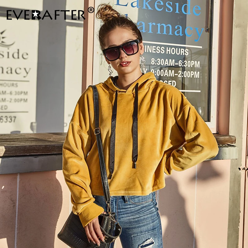 

EVERAFTER Elegant Solid Pullovers Hooded Sweatshirt 2019 Autumn Drawstring Long Sleeve Loose Crop Tops Casual Ladies Sweatshirts