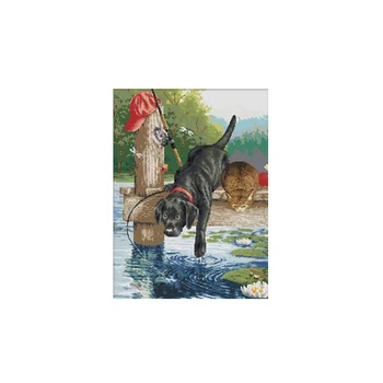 

Needlecraft Handmade Drawing Paper Needlework DIY Art Gift Dog Fishing Counted Embroidery Cross Stitch Kit Crafts Needles Thread