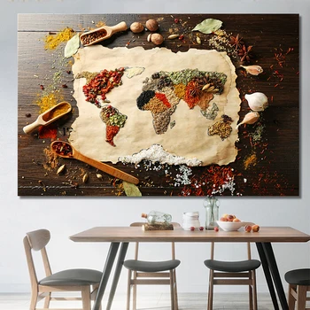 

World Map Tapestry, Canvas Posters Map of World Different Spices Design with Food Bohemian Artwork for Bedroom Living Room Dorm