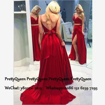

Red Two Piece Crop Top Prom Dresses 2020 Sexy Backless Side Split Spaghetti Strap A Line Long Evening Dress Vestido De Festa