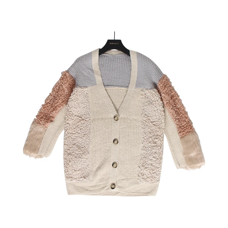 TWOTWINSTYLE Hit Color Patchwork Women's Sweater V Neck Long Sleeve Single Breasted Thick Cardigans Elegant Female Sweaters