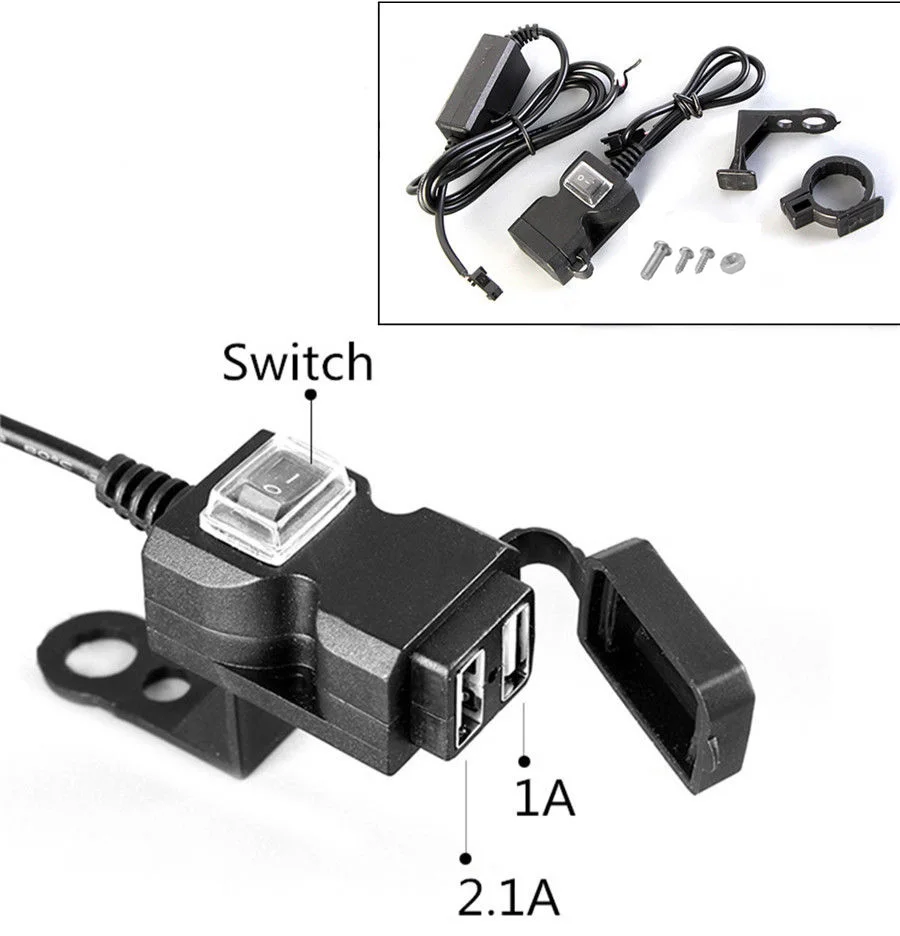 Водонепроницаемый Dual USB 12V мотоциклов Зарядное устройство гнездо w/переключатель и крепления мото Зарядное устройство