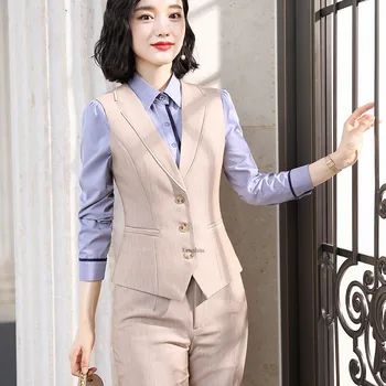 

2 Piece Set High-quality Formal Vest Pant Suit Women Sleeveless Jacket Office Lady Business Wear