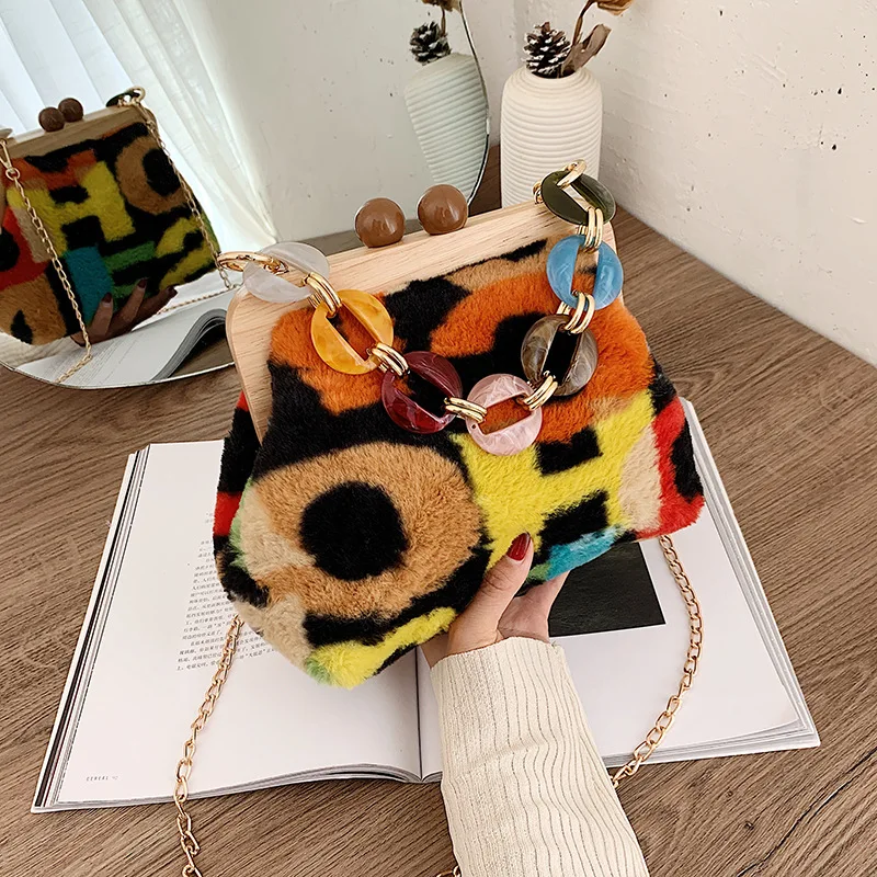 Crossbody Bags Women Wood Clip Autumn And Winter Plush Handbag Korean Acrylic Chain Shoulder Clutch