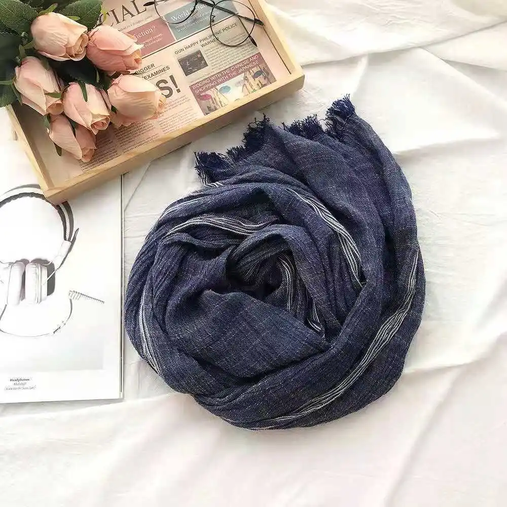 Cotton Linen Men Scarf Japanese Style Winter Blue Navy Black Striped Tassel Scarf Men Fashion Ethnic Style Male Accessories