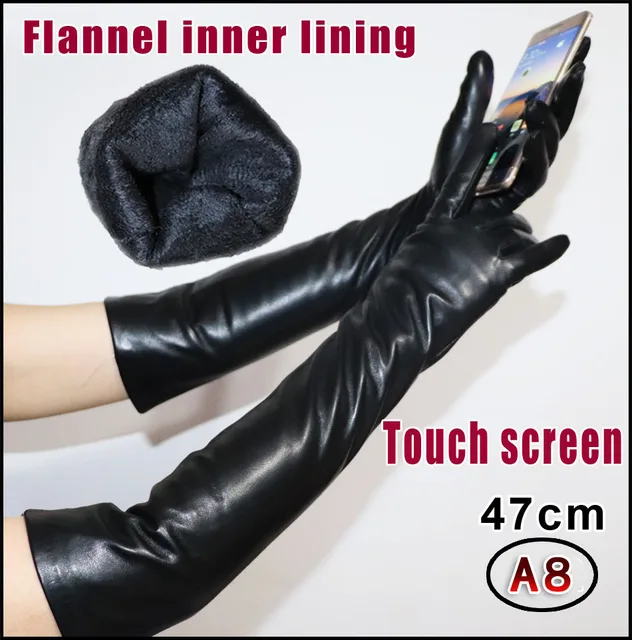 Extended Leather Gloves Ladies Sheepskin Mid-long Winter Warm Leather Sleeves Plus Velvet Thickened Driving Touch Screen Women's A8 47cm touchscreen