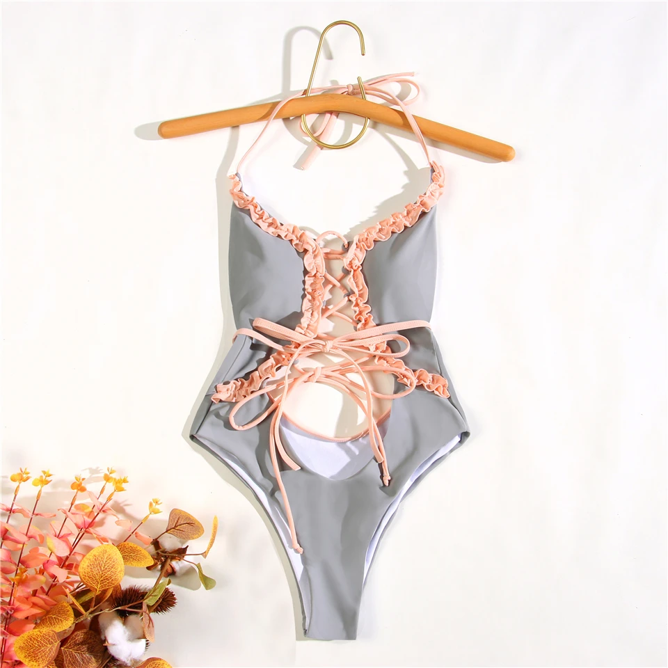 Black With Pink Ruffle Swimsuit One Piece Women Colorblock bandage Cute Monokini Bathing Suit 2020 Girl Sexy Swimwear | Спорт и