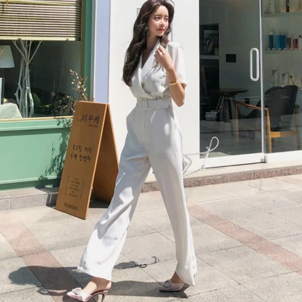 

Office Ladies Notched Collar Short Sleeve Sashes Women Jumpsuit Work Business Wide Leg Pant White Jumpsuits Female 2019 AQ186