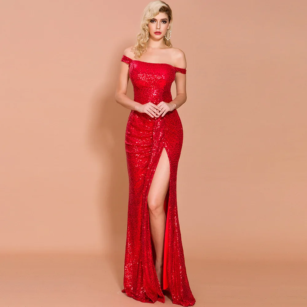 

Fashion Sequin Long Evening Dress Off Shoulder Prom Dresses 2020 Lady Sexy Mermaid Evening Gowns with Slit