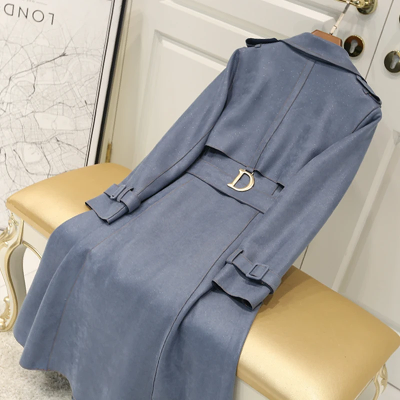 British style spring and autumn women's new high quality suede temperament slim windbreaker long paragraph over the knee Trench - Цвет: Синий