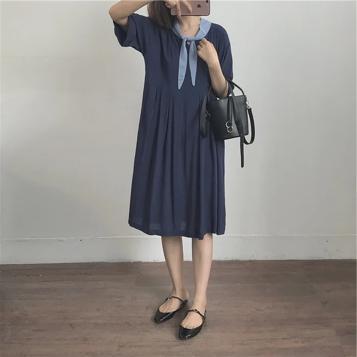 

2019 College Style Neckline Knot by Age Dress Women's Mid-length Summer Short-sleeved Pleated Skirt