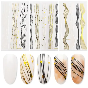 

Gold+Black+White Sliders 3D Nail Stickers Straight Curved Liners Stripe Tape Wraps Geometric Nail Art Decorations ZJT4057