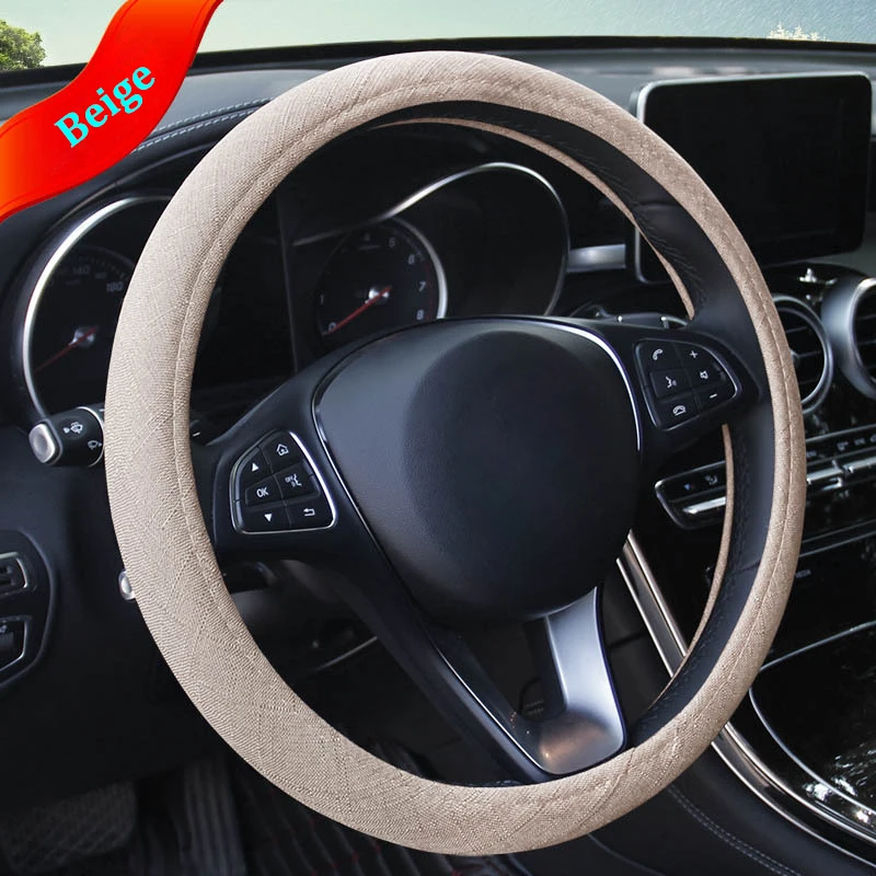 Beige Чехол рулевого колеса автомобиля подходит для большинства Авто 37-38 см 14,"-15" льняной впитывающий пот дышащий чехол на руль 4 сезона - Название цвета: Beige