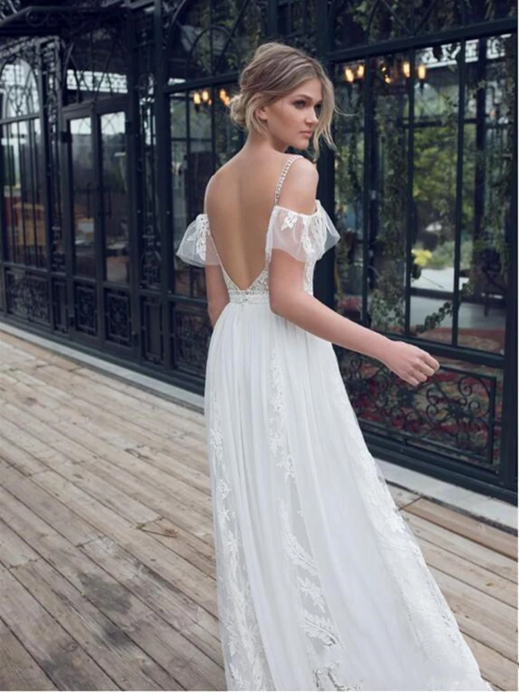Бохо свадебное платье Бисероплетение Спагетти ремни спинки Vestido De Noiva Длина пола элегантное богемное свадебное платье пляж Свадьба