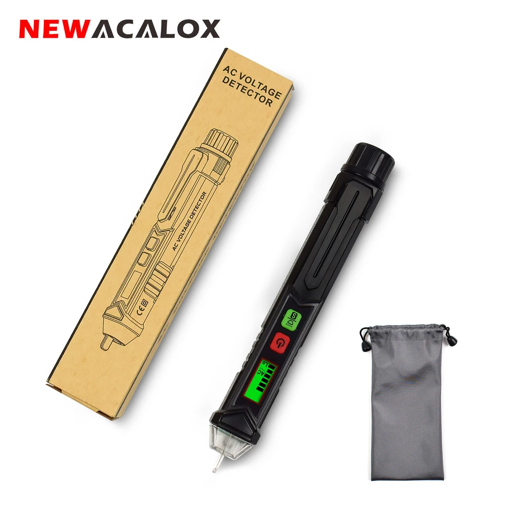 

NEWACALOX AC 12-1000V Non-Contact Voltage Tester with Adjustable Sensitivity LED Flashlight Pen Type Digital Voltage Detector
