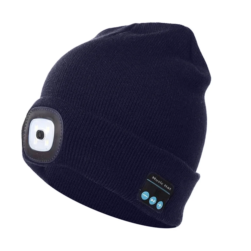 Navy blue Вязаная шапка для мужчин и женщин со встроенными светодиодными лампами 4 шт. BT5.0, вязаная шапка на осень и зиму, Теплая Шапка-бини для активного отдыха на велосипеде, рыбалки, кемпинга - Цвет: Navy blue