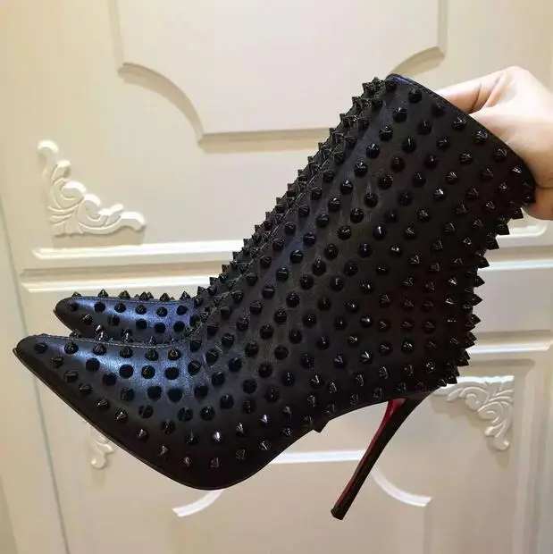 

Luxury Black red Leather with Spikes Pointed Toes Womens Ankle Boots Fashion Designer Sexy Ladies High Heels Shoes Pumps