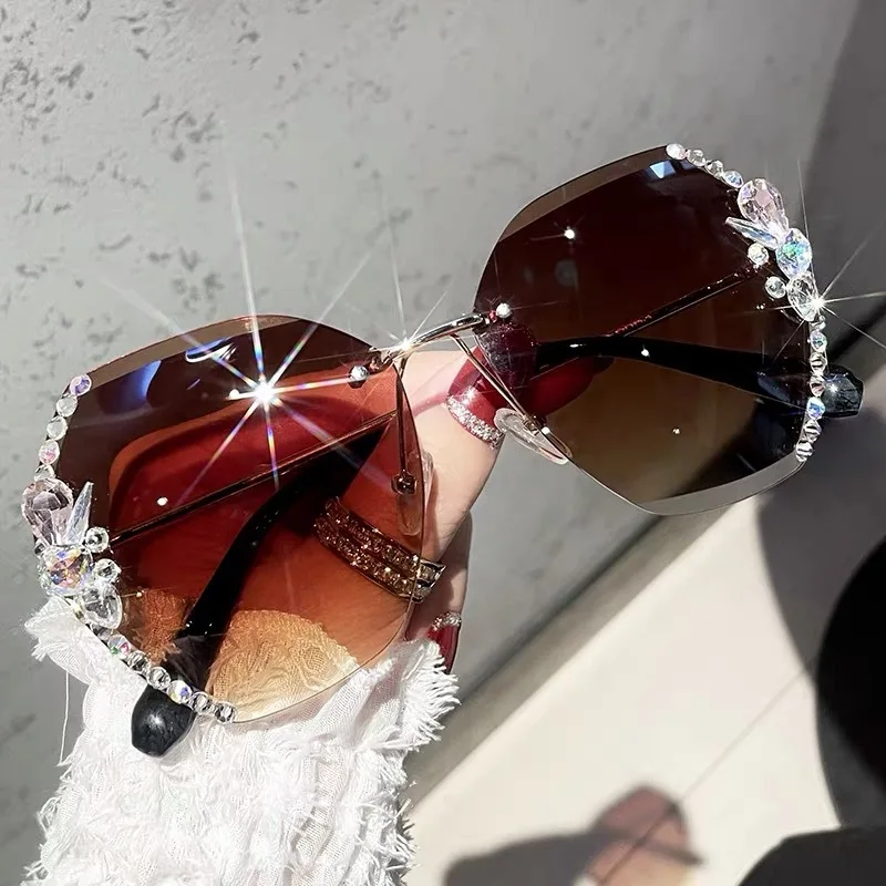 big square sunglasses 2022 Luxury Brand Design Vintage Rimless Rhinestone Sunglasses Women Men Fashion Gradient Lens Sun Glasses Shades for Female big black sunglasses Sunglasses