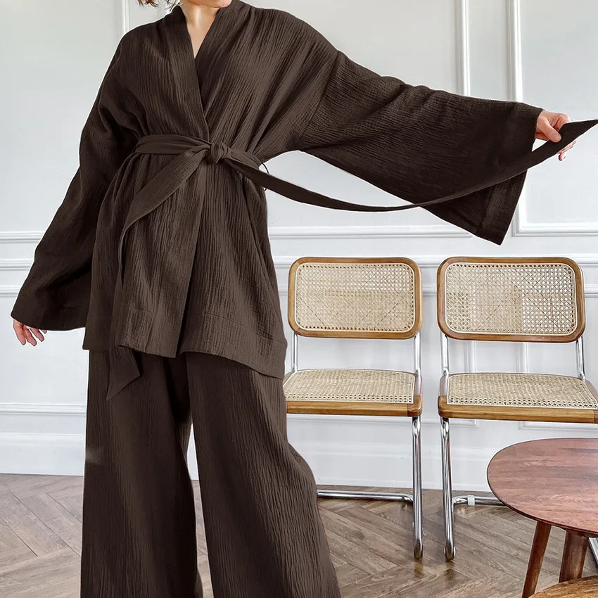 Kimono Pajamas Cotton Crepe Long-Sleeved Trousers Ladies Sleepwear Suit Women women pajamas set,women pajama suit,cotton pajamas set