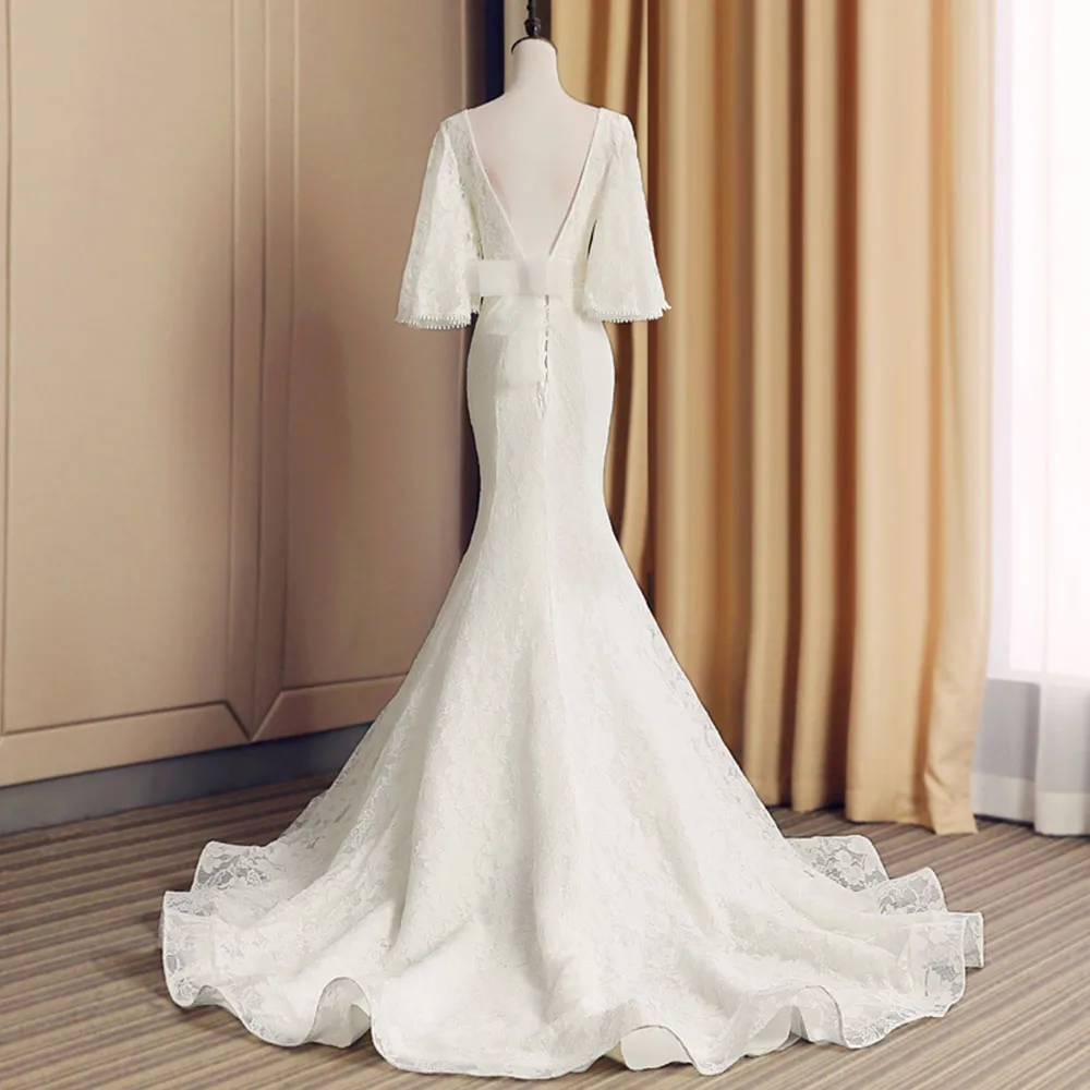 Кружевное на заказ свадебные платья русалки Robe De Mariee Sirene с полурукавом и вырезом на спине Свадебные платья Abito Sposa