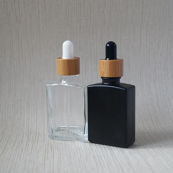 

200pcs 30ml black matte rectangular/square glass dropper bottles for beard oil with bamboo lid 1 oz clear bamboo dropper bottle