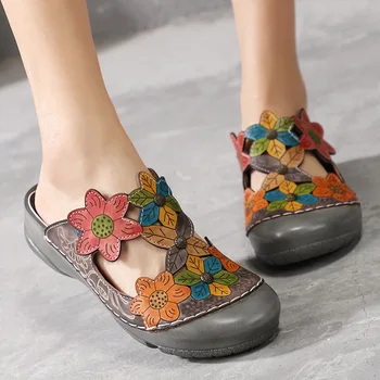 

2019 Woman Flower Genuine Leather Nation Will Code Slipper