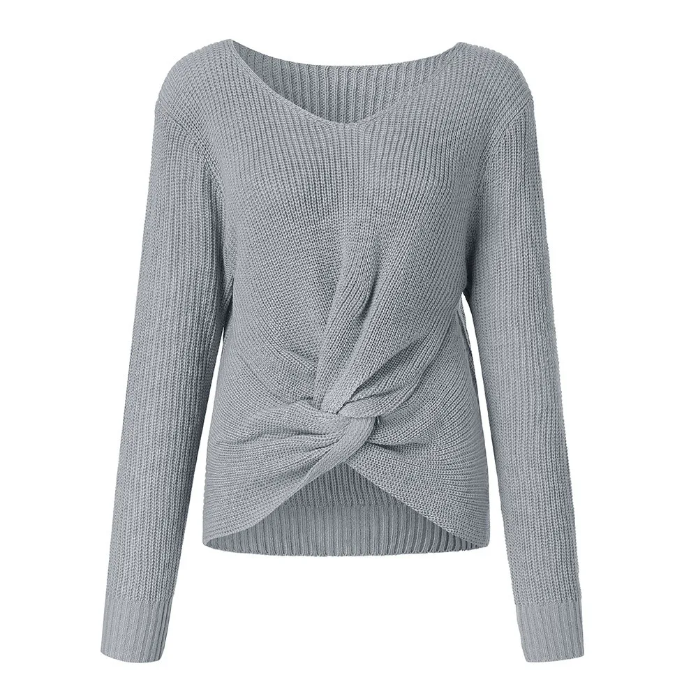 Pull femme hiver свитера с длинным рукавом сплошной цвет v-образный вырез сексуальный крест завязанный панель свитер для женщин размера плюс roupa feminina