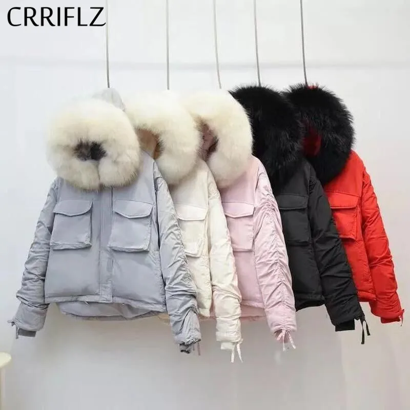 CRRIFLZ женские зимние куртки короткие натуральный мех теплый уплотненный пуховик