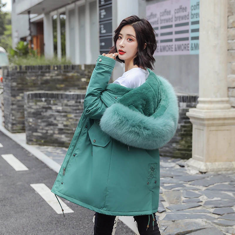 Пальто из искусственного меха кролика зимнее длинное пальто оверсайз съемный меховой воротник корейские женские парки флисовая верхняя одежда - Цвет: green